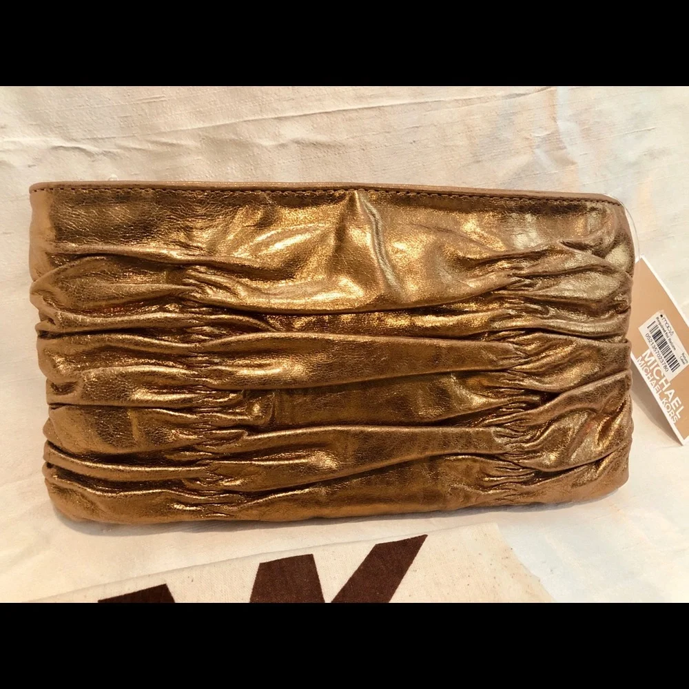 Michael Kors Metallic Gold Ruched Leather Clutch